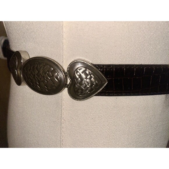 Coldwater Creek Leather Embossed Snake Print Silver Hearts Hipslung Belt 27"-34" - Picture 4 of 12